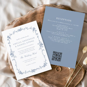Victorias Vintage QR-kod Blue Blommigt Bröllop Inbjudningar