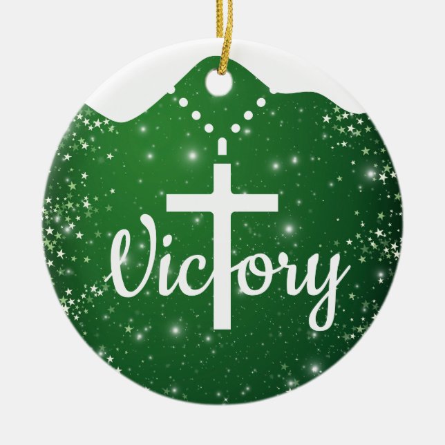 Victory Cross God's Love Inspirational Green ⛪️ 🎄 Julgransprydnad Keramik (Framsidan)