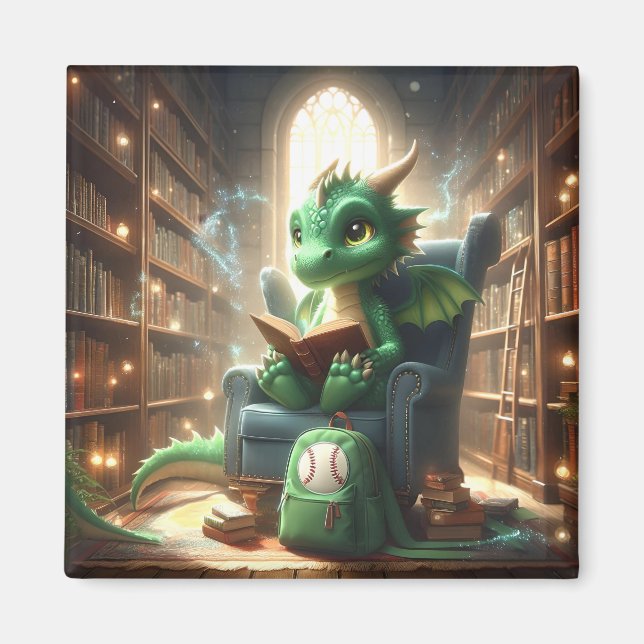 Vid Bibliotek - Grönt Dragon Magnet (Framsidan)