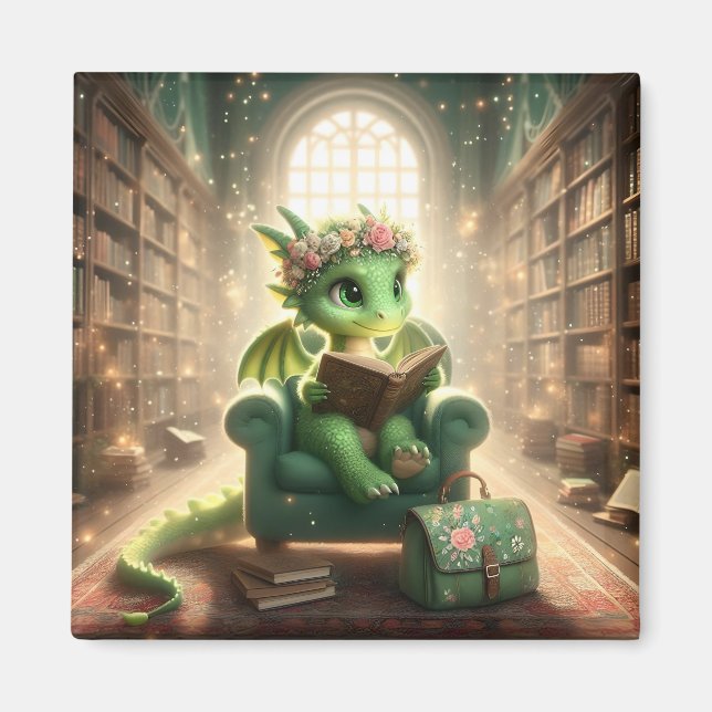 Vid Bibliotek - Grönt Dragon Magnet (Framsidan)