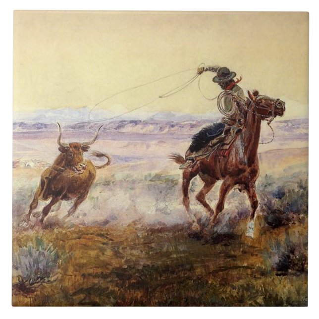 “Vid dammen” av Charles M Russell Kakelplatta (Framsidan)