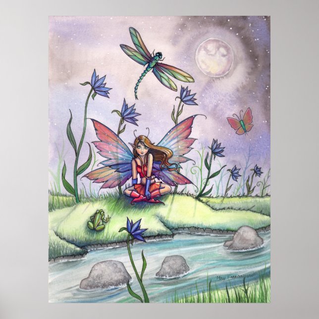 Vid Dusk Fairy Dragonfly Frog Poster Skriv ut (Framsidan)