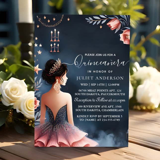 Vid Glam Boll Gown Spark Mörk Navy Blue Quinceaner Inbjudningar (Skapare uppladdad)