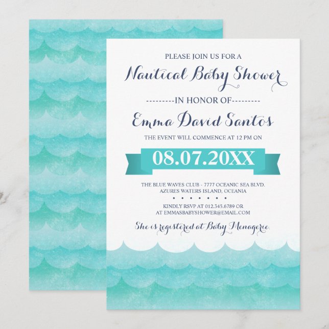 Vid Sea Nautical Baby Shower Inbjudningar (Fram/baksida)