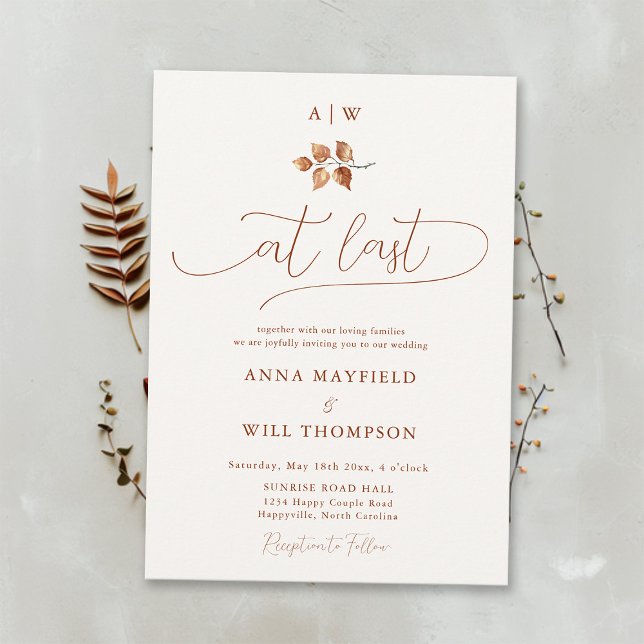 Vid sista nedgången i Elegant: Kalligrafi i Bröllo Inbjudningar (At Last Elegant Romantic Calligraphy Fall Autumn Wedding Invitation Modern Classic Terracotta Orange)