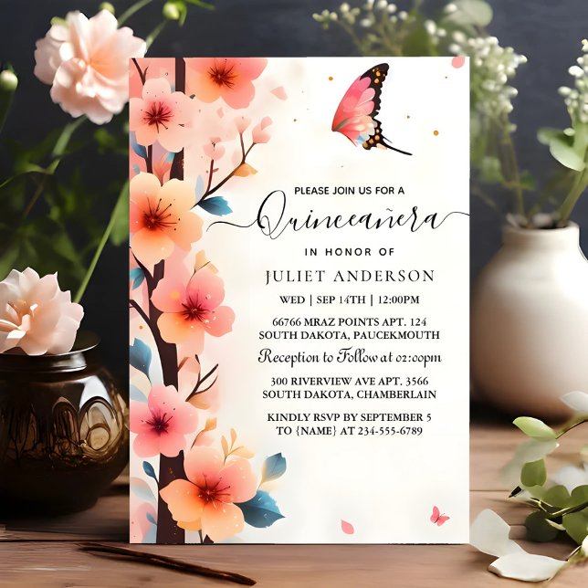 Vid Wood Träd Rosa Girly Cherry Blommar Quinceaner Inbjudningar (Skapare uppladdad)