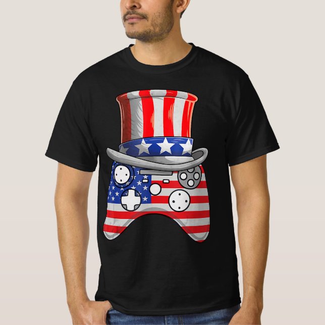 Video Game 4:e juli, farbror Sam Hat Game Controll T Shirt (Framsida)