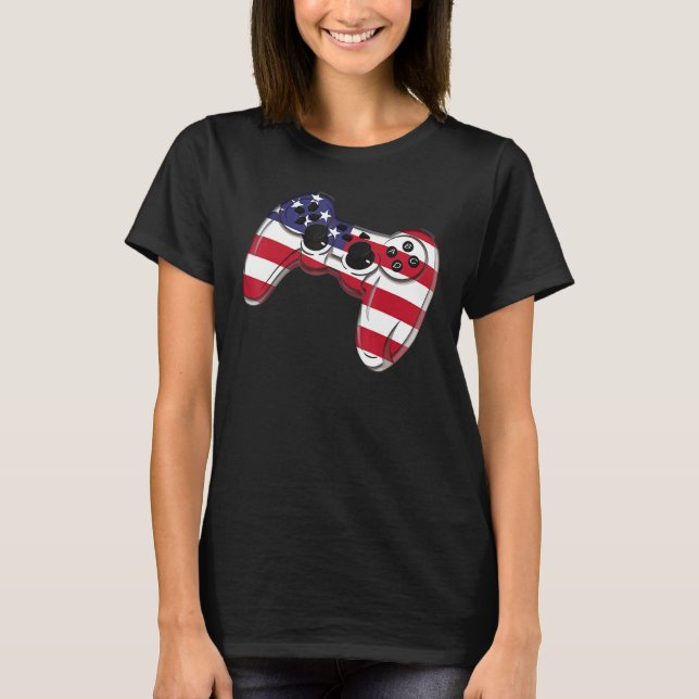 Video Game 4th Of July Controller American Flag T Shirt (Framsida)