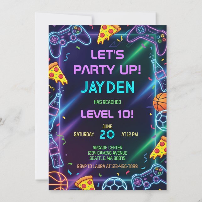Video Game Birthday Invitation, Neon Gaming Party Inbjudningar (Framsida)