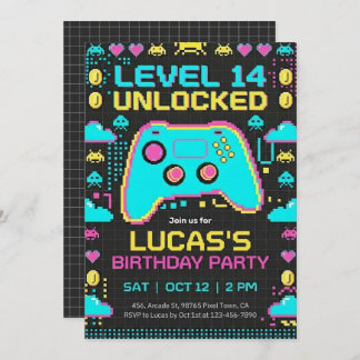 =Video Game Birthday Invitation Pixel Gamer Party Inbjudningar