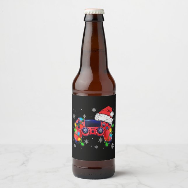 Video Game Controller Christmas Santa Hat Gamer Bo Ölflaska Etikett (Framsida)