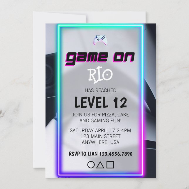 Video Game Födelsedagsfest Neon Game On Level Up I Inbjudningar (Framsida)
