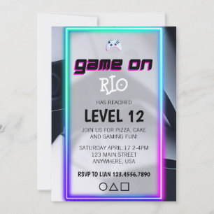 Video Game Födelsedagsfest Neon Game On Level Up I Inbjudningar