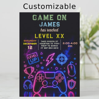 Video Game Födelsedagsfest Neon Game On Level Up Inbjudningar