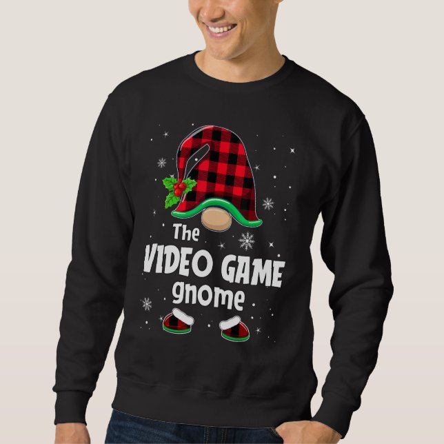 Video Game Gnome Buffalo Plaid Christmas Matching  Lång Ärmad Tröja (Framsida)