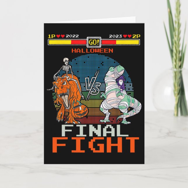 Video Game Halloween T-rex Skelett Mummy - Final  Kort (Framsida)