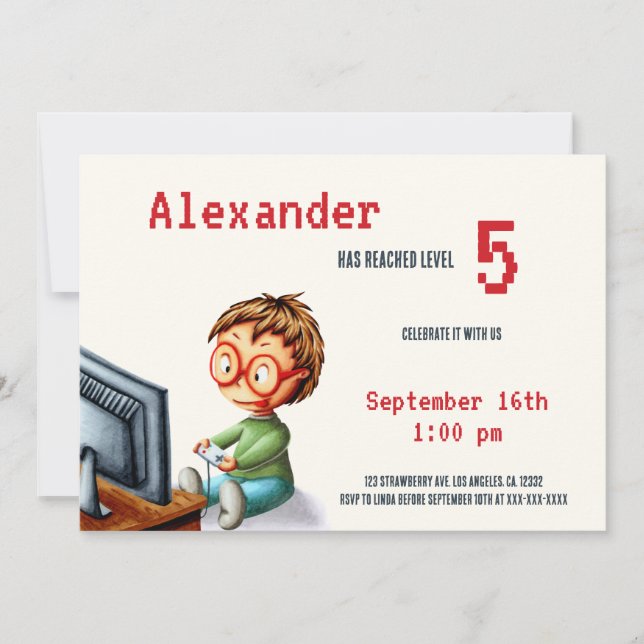 Video Game Level Boy med glasögon från födelsedage Inbjudningar (Framsida)