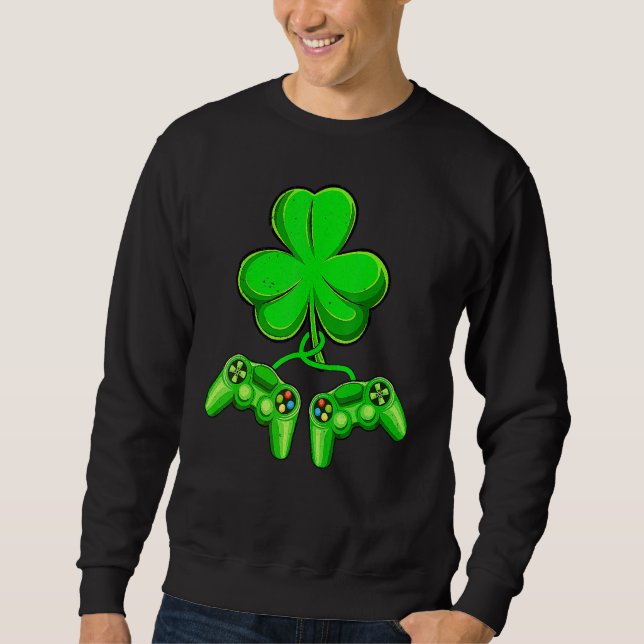 Video Game Shamrock Game Controller Happy St Patri Lång Ärmad Tröja (Framsida)