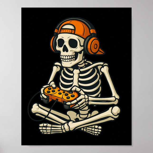 Video Game Skeleton Halloween Tonåringar Gamer M Poster (Framsidan)