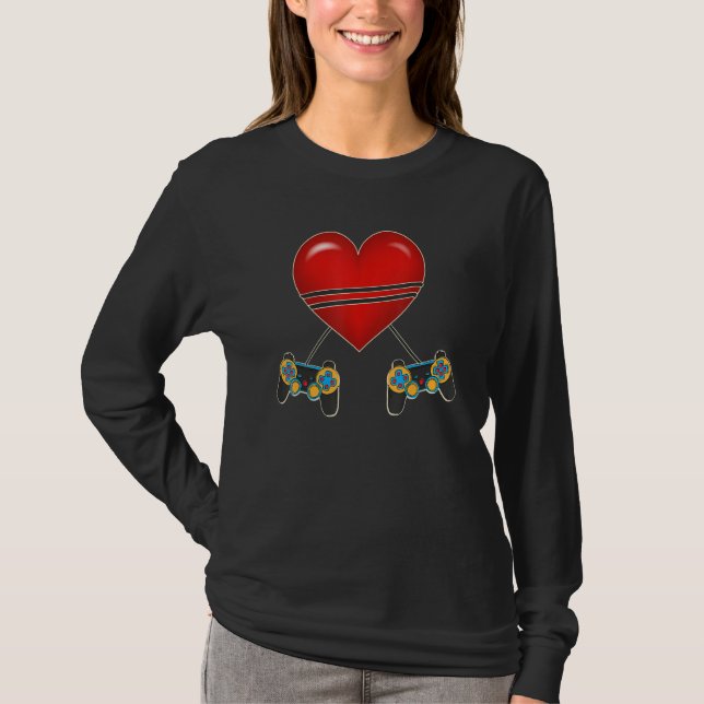 Video Gamer Heart Controllers Valentines Day Love  T Shirt (Framsida)