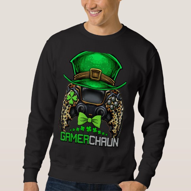Video Gamer Leprechaun Gamers St Patrick S Day Gam Lång Ärmad Tröja (Framsida)