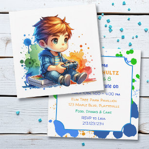 Video Gaming Paint Splatter Boy's Birthday Invat Inbjudningar