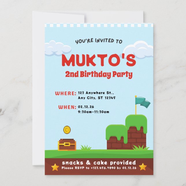 Videospel 2:a födelsedag Party | Boy Edit-mall Inbjudningar (Framsida)