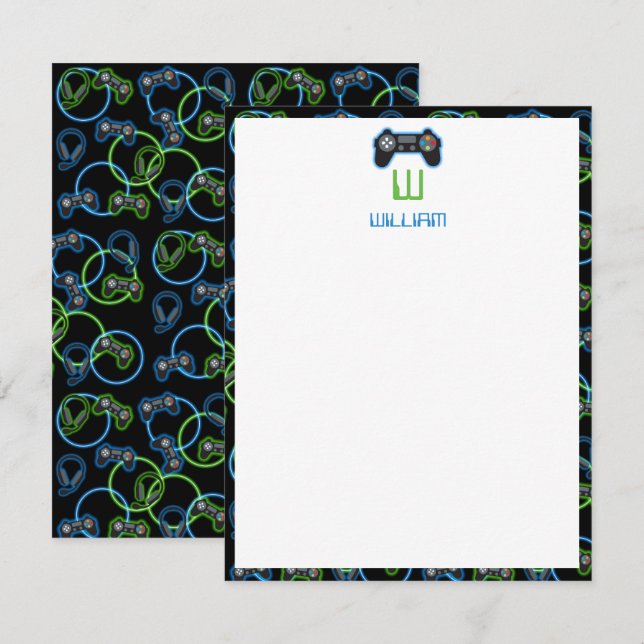 Videospel Neon Blue & Grönt Mönster Monogram Anteckningskort (Fram/baksida)