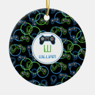 Videospel Neon Blue & Grönt Mönster Monogram Julgransprydnad Keramik