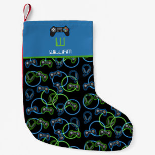 Videospel Neon Blue & Grönt Mönster Monogram Liten Julstrumpa
