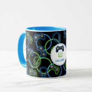 Videospel Neon Blue & Grönt Mönster Monogram Mugg