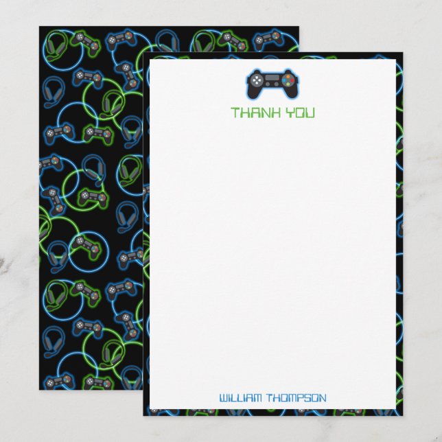 Videospel Neon Blue & Grönt Mönster Monogram Tack Kort (Fram/baksida)