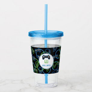 Videospel Neon Blue & Grönt Mönster Monogram Take Away Mugg