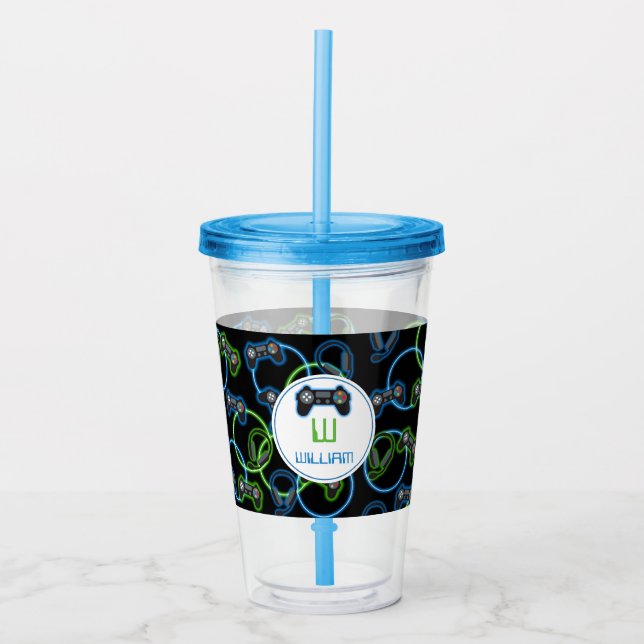 Videospel Neon Blue & Grönt Mönster Monogram Take Away Mugg (Framsida)