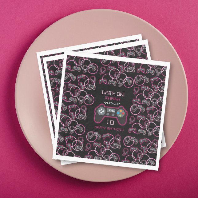 Videospel Neon Rosa Flick kalas Pappersservett (Video Game Neon Pink Girls Birthday Party Napkins)