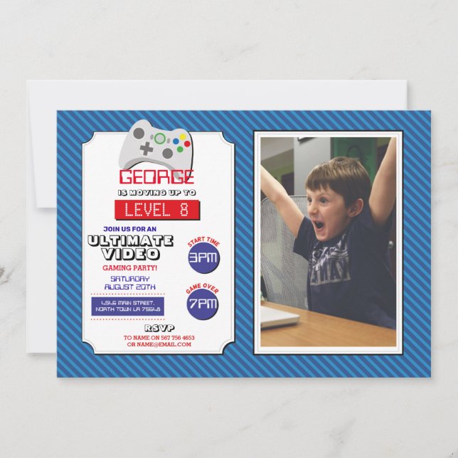 Videospelande spelande Party Blå röd foto-spel Inbjudningar (Framsida)
