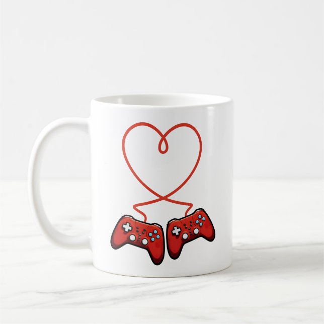 Videospelaren Valentines day med styrenheter i hjä Kaffemugg (Vänster)