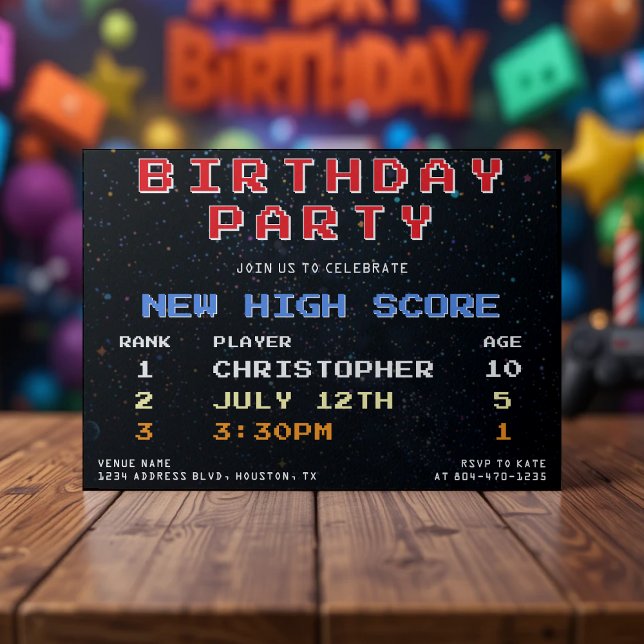 Videospelets återgång med hög poäng 10:e Födelseda Inbjudningar (Video Game High Score Retro 10th Birthday Party Invitation
)