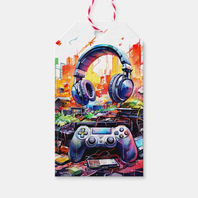 Videostyrenhet och hörlurar Boy's Birthday Presentetikett (Framsidan)