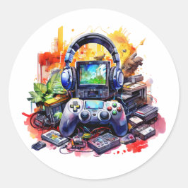 Videostyrenhet och hörlurar runt klistermärke