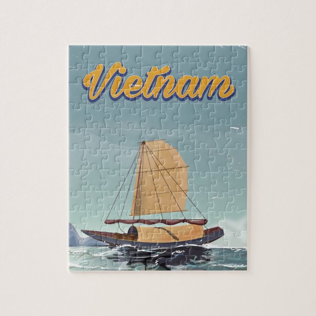 Vietnam fiske båt vintage resa affisch pussel (Vertikal)