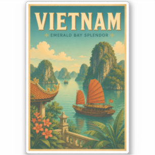 Vietnam Ha Long Bay Illustration Resa Konst Retro Klistermärken