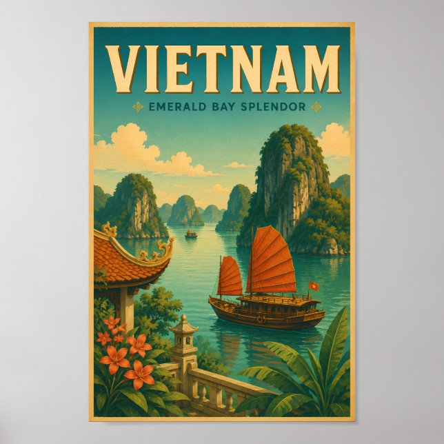 Vietnam Ha Long Bay Illustration Resa Konst Retro Poster (Framsidan)