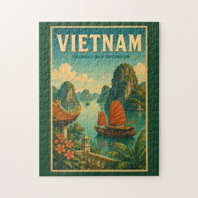 Vietnam Ha Long Bay Illustration Resa Konst Retro Pussel (Vertikal)