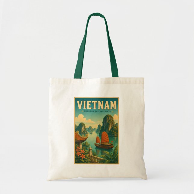Vietnam Ha Long Bay Illustration Resa Konst Retro Tygkasse (Framsidan)