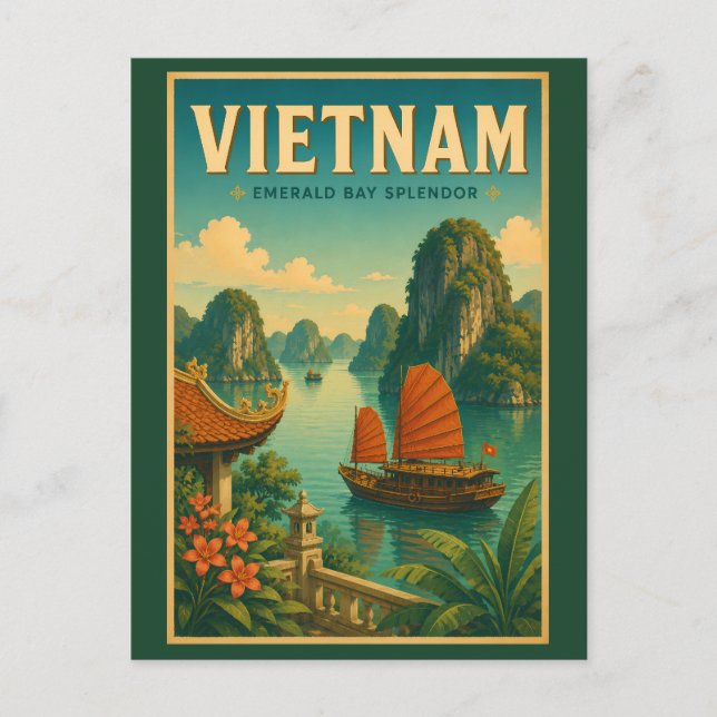 Vietnam Ha Long Bay Illustration Resa Konst Retro Vykort (Framsida)
