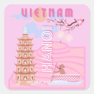 Vietnam Travel Art, Rosa Fyrkantigt Klistermärke