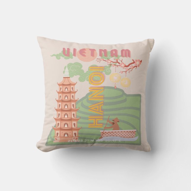 Vietnam Travel Art, Vintage Kudde (Framsida)