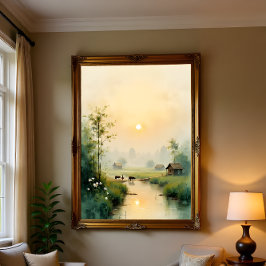 Vietnamese Morning Mist Village Watercolor Art Perfect Poster