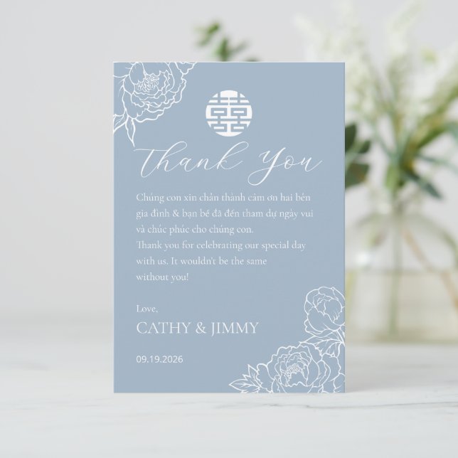 Vietnamese Wedding Peony Dusty Blue Thank You Card Tack Kort (Stående Fram)